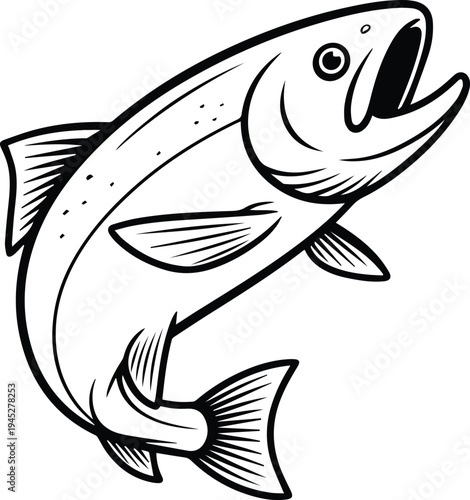 Jumping salmon fish line art vector icon