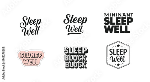 Creative sleep well typography logos, bedtime text badges, dreamy lettering styles, relaxing design concepts, wellness branding graphics, flat vector illustration