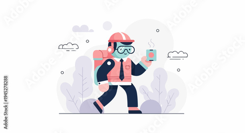 Stylized worker in hard hat and goggles holds steaming coffee cup