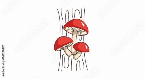 Stylized red mushrooms grow on a white background with vertical lines