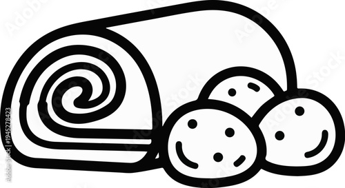 Swirled pastry roll beside three round, speckled pastries