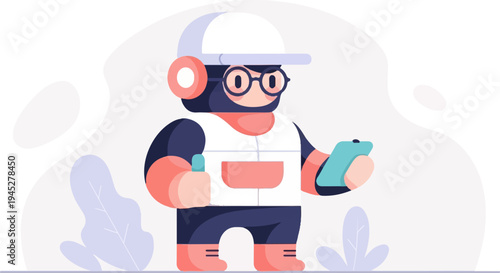 Stylized worker with glasses, hard hat, and phone