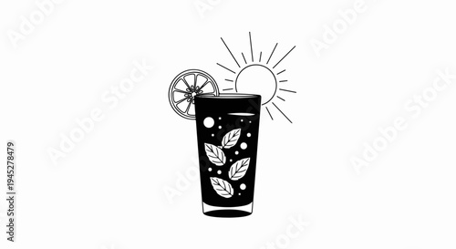 Tall glass of iced drink with mint, bubbles, lemon slice, and sun