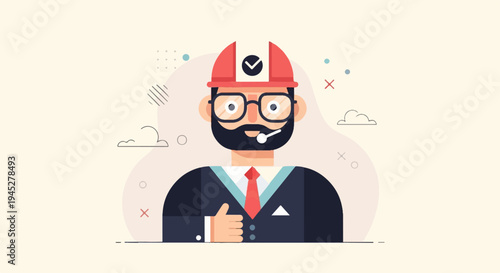 Stylized person in suit and hard hat gives thumbs up