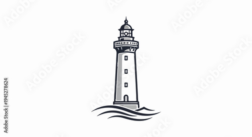 Tall, classic lighthouse with lantern room on wavy sea