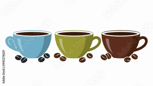 Three colorful mugs filled with dark coffee and coffee beans scattered around