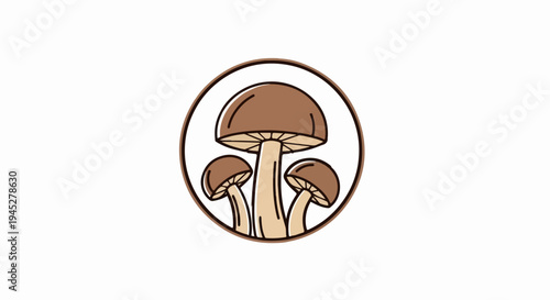 Three cartoon-style brown mushrooms with beige stems inside a brown circle