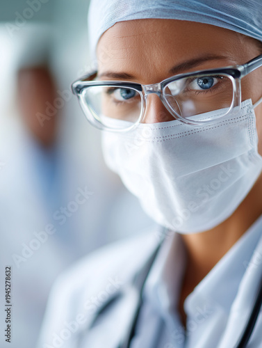 Portrait of a female medical professional in glasses and protective face mask in a hospital environment, representing healthcare and safety.