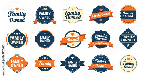 Family Owned badge collection, traditional typography design, authentic branding emblem set, trust logo concept, rustic lettering style, flat vector illustration