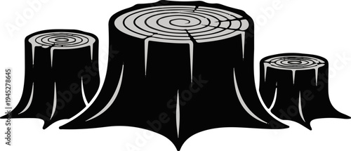 Three dark, stylized tree stumps with visible growth rings