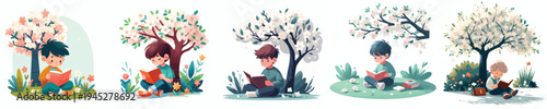 vector of a little boy reading a book under a flowering tree in spring