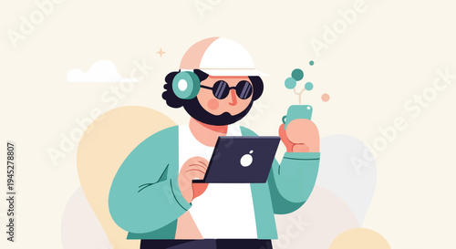 Trendy man with headphones and tablet, sipping from a mug