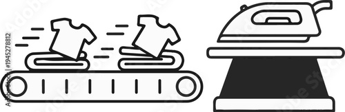 T-shirts move on conveyor belt towards an ironing board and steam iron