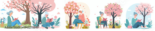 vector of a grandmother reading a book under a flowering tree in spring