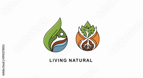 Two abstract logos depicting nature elements, one a leaf with water, the other a plant