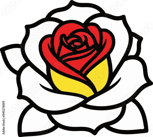 Stylized rose with red center, yellow base, and white petals