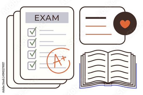 Education, academic success, study preparation, evaluation, learning tools, professional development. Test paper with checkmarks and grade, open book achievement symbol. Education and academic