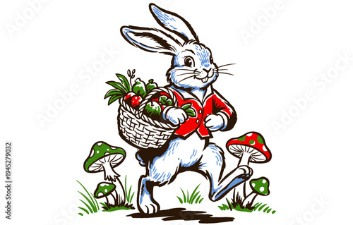 Forest folk harvest. Whimsical bunny carrying fruit basket. Nature tale artwork for t-shirt print, sticker, poster, and storybook decor.