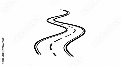 Winding black and white road with dashed lines leading upwards