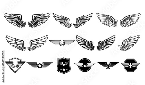 Angel wing logo and aviation pilot wings icon vector flying symbol set isolated on white background
