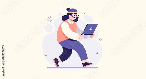 Stylized person in hat and glasses walking with laptop