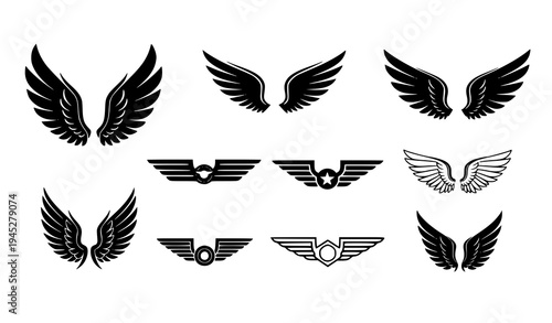 Angel wings icon set vector flying wing logo pilot badge symbols isolated on white background