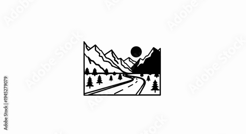 Winding road through forest towards majestic mountains under a sun