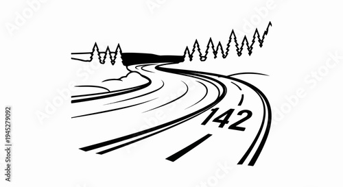 Winding road with trees and a highway marker