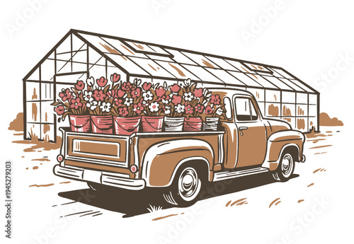 Fresh flower market delivery. Floral greenhouse print. Vintage pickup truck garden art. Summer blooms farm fresh design for apparel, poster, and stick