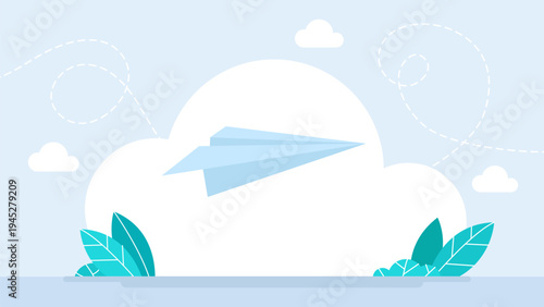 Flying blue paper plane in the sky above clouds, concept of startup launch, creative business idea, message delivery and freedom of imagination in flat style. Minimalist design. Vector illustration.