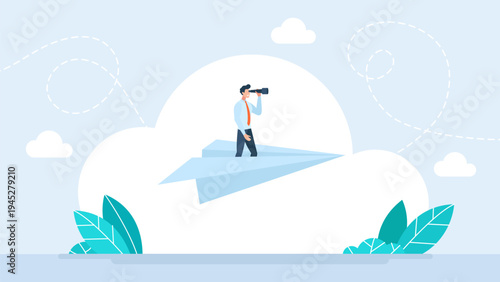 Businessman standing on a paper plane looking through binoculars to the future, concept of business vision, strategic planning and searching for new opportunities in flat style. Vector illustration.