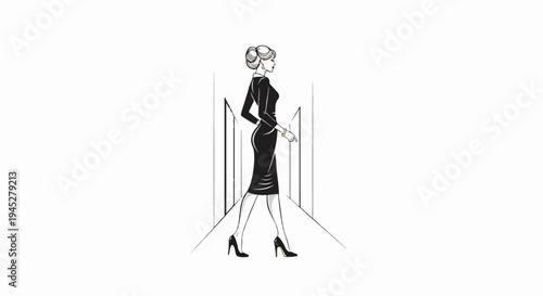 Woman in elegant black dress and heels walks on runway