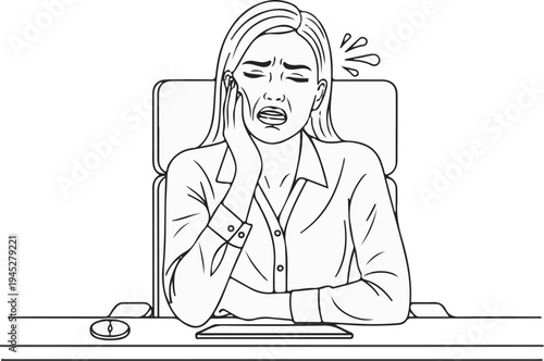 Woman in office chair grimaces in pain, clutching her face