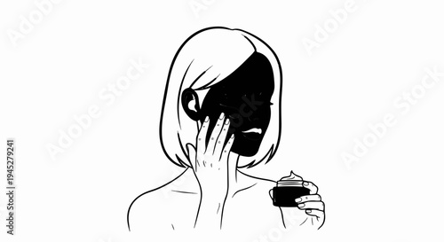 Woman applying facial mask, holding cream jar