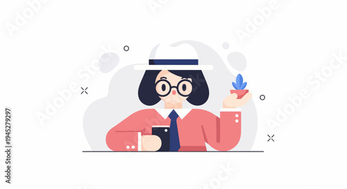 Stylized person in hat, glasses, and suit holding phone and small plant