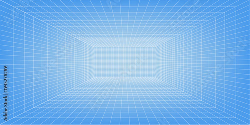 3d wireframe grid room. 3d perspective laser grid 16 9.. Cyberspace blue background with white mesh. Futuristic digital hallway space in virtual reality. Vector illustration.