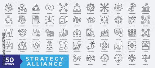 Strategy Alliance Icon Set. Containing Partnership, Collaboration, Cooperation, Synergy, Integration, Coordination, Commitment, Government, Contract and more. Simple Line Vector Illustration.