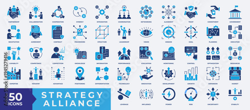 Strategy Alliance Icon Set. Containing Partnership, Collaboration, Cooperation, Synergy, Integration, Coordination, Commitment, Government, Contract and more. Simple Flat Vector Illustration.