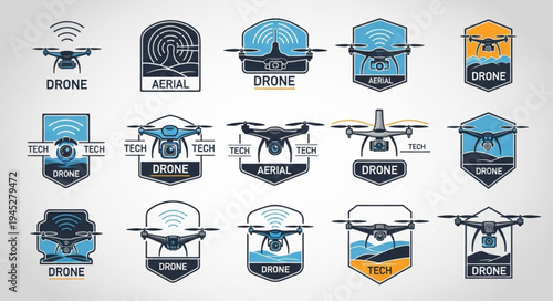 Collection of drone logos and emblems with various designs.