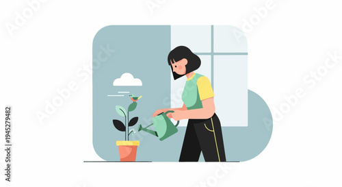 Woman watering plant with bird watching