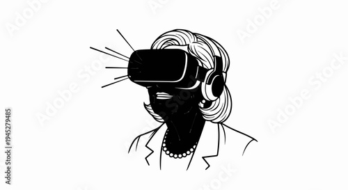 Woman wearing virtual reality headset and headphones, engaged in digital experience