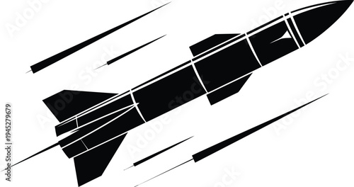 Rocket missile silhouette icon, black and white vector of fast flying space projectile representing military launch system aerospace technology and weapon symbol.