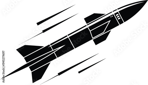 Rocket missile silhouette illustration, fast flying projectile icon in black and white military launch design isolated for aerospace technology and defense concept.