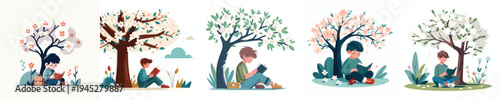 vector of a little boy reading a book under a flowering tree in spring