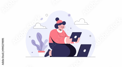 Young person in hat and glasses using digital devices outdoors