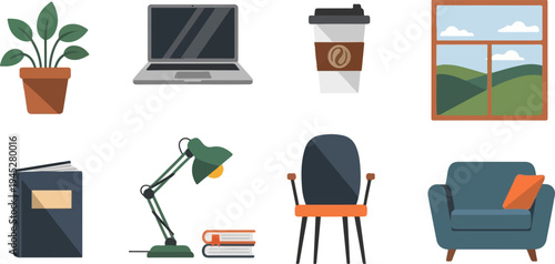 Workspace essentials plant, laptop, coffee, window view, book, desk lamp, chair