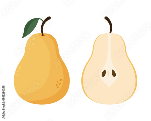Fresh yellow pear and pear half illustration in flat style.