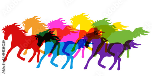 Vector illustration of 7 rainbow color overlay Horses silhouette isolated white background. Modern wall decor banner. Trendy overlay t-shirt print design EPS 10