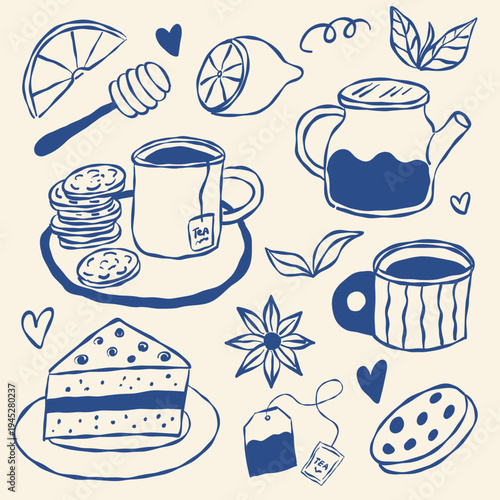 Set of tea time elements in hand drawn style,