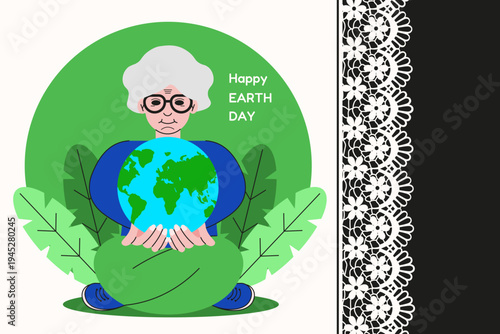 Retro Earth Day poster cover isolated black background. Vector flat elderly woman in lotus poses with planet of Earth in the hands plants bold holiday message on the retro Lace background. EPS 10